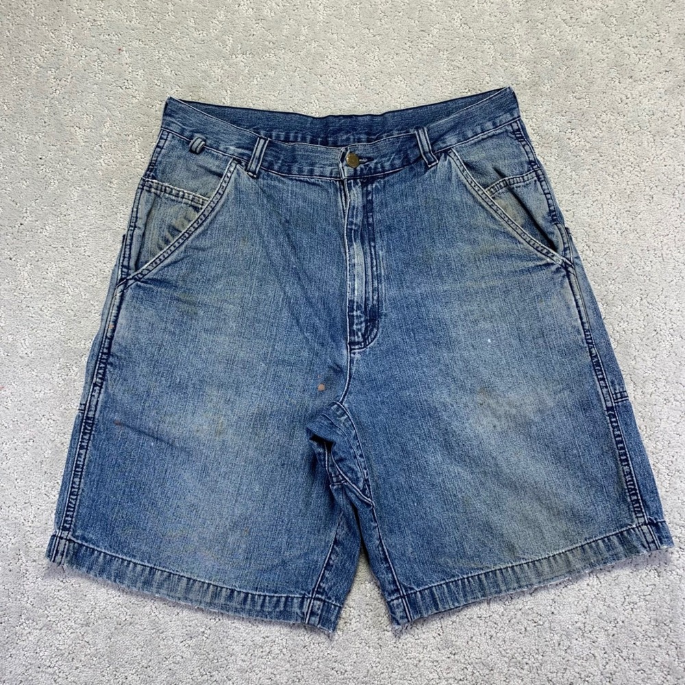 Vintage Wrangler Denim Shorts 33 Blue Distressed Carpenter Work Outility Outdoor